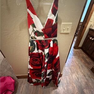 Floral Red and White Prom Dress